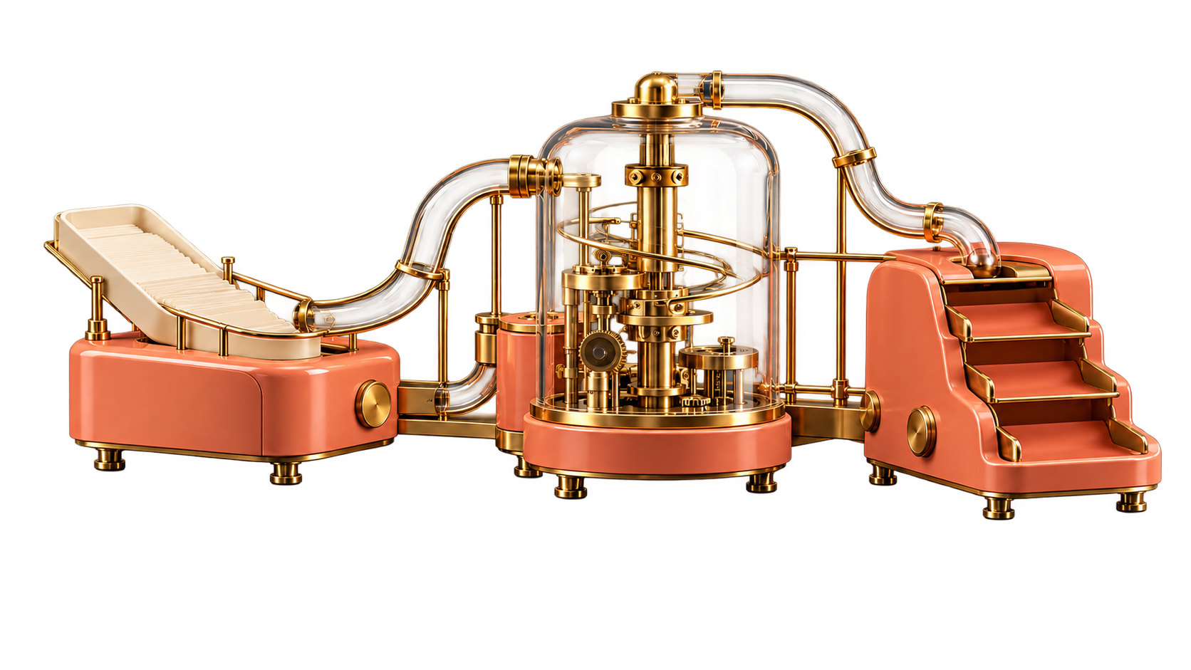 A bespoke coral, glass and brass machine with connected mechanisms